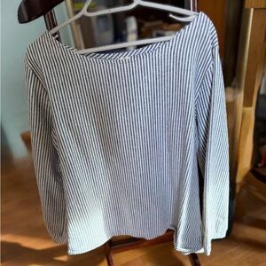 Smoking Lily Blouse; Parisian Stripes. Blue Stripes, Cuffed sleeves. Never worn.